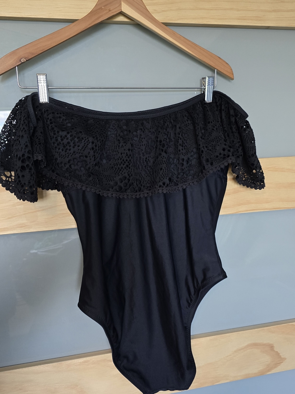 Women's Black Off-Shoulder Crochet Ruffle One-Piece Swimsuit - Picture 3 of 5